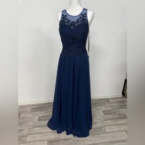 Navy Beaded Lace Bodice Evening Dress